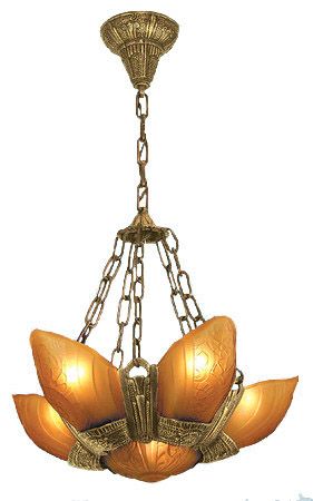 Art Deco Fixtures Chandeliers Slip Shade Fleurette 6 Light With Amber Shades (86-LA2-6L)